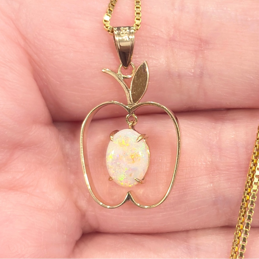 Vintage 14K Natural White Opal Apple Pendant: Filigree Gold Dangle Piece